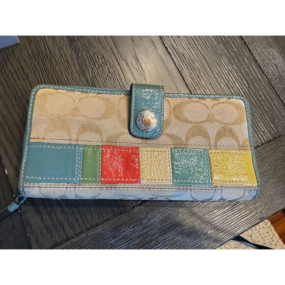 Coach Handbags - Coach Signature Patchwork Checkbook Wallet Clutch Khaki Multicolor 2004